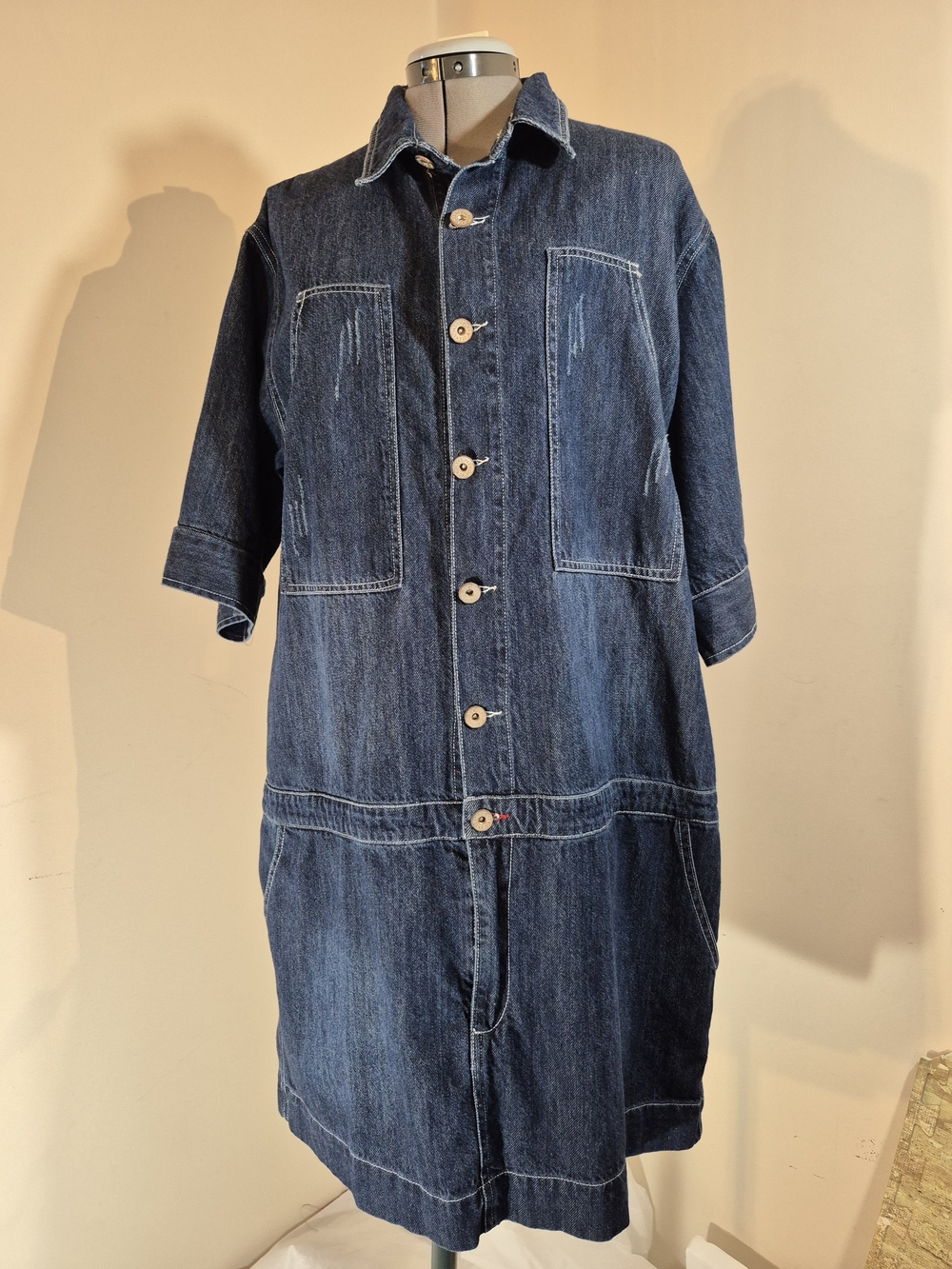 Denim Button-Front Shirt Dress in Dark Blue